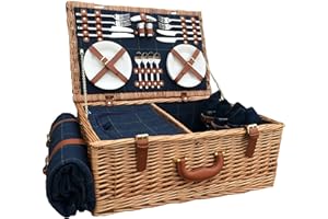 Red Hamper FH063 4 Person Blue Tweed Fitted Picnic Basket, Brown, 38 x 58 x 22 cm