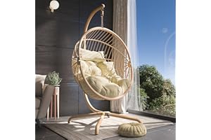Generic Hanging Egg Chair, Rattan Outdoor Indoor Swing Chair with Cushion, Foldable, 160 Kg Weight Capacity, Beige, Cream