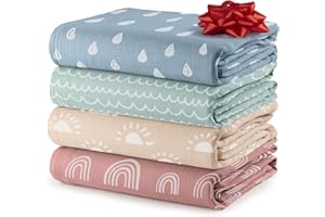 Comfy Cubs Muslin Swaddle Blankets Pack of 4-119 x 119 cm, Soft Cotton Baby Blanket Set, Large Swaddling Wraps for Newborns - Self-Soothing Baby Swaddle - Sun, Rainbow, Rain, Doodle