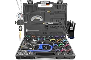 MASKO® Testeur et presseur de système de refroidissement | Testeur de pression du radiateur Appareil de ventilation 28 pièces avec adaptateur de radiateur universel, pompe à vide et accessoires | Kit