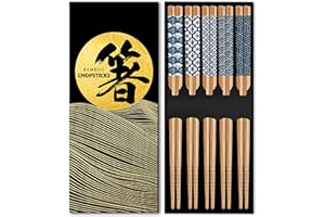 KYONANO Lot de 5 paires de Baguettes Japonaises Reutilisable en bambou, Baguette Chinoise Coréenne Asiatique bois, baguette sushi 22,5 cm, lavables au lave-vaisselle,Cuisine Maison Hôtel Restaurant