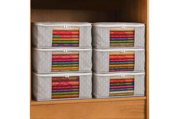 Homestrap Set of 6 Non-Woven Printed Saree Cover/Cloth Storage/Wardrobe Organizer For Clothes with Transparent Window (Grey)(
