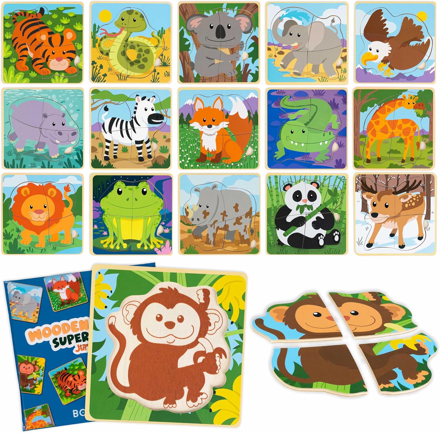 BONNYCO Pack 16 Puzzle Madera de 4 Piezas para Regalos Cumpleaños Niños Colegio 1 a 5 Años. Ideas Detalles Invitados, Juguetes Infantiles y Juegos Rompecabezas para Bebés Guardería