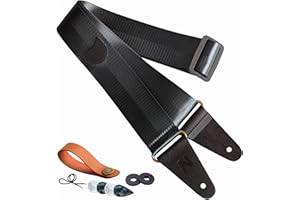 NEFELIBATA Gitarrengurt mit Plektrumtasche, Vintage Nylon Full Grain Leather Ends Gitarrengurte für Bass, Elektro- & Akustikgitarre, mit kostenlosem Gurtknopf, 1 Paar Gurtschlössern und 6 Gitarrenplektren