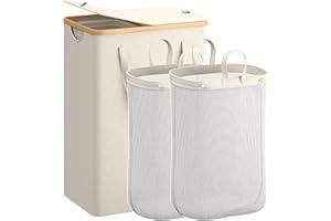 REIBII 154L Laundry Basket with Lid, Washing Basket for Laundry Collapsible Laundry Baskets 2 Compartments with Bamboo Handles & 2 Removable Bags, Foldable Large Laundry Hamper, Beige