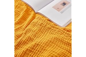 EMME Bawełniany koc narzutowy, 100% muślinowy, miękki, na kanapę, 6-warstwowy, oddychający koc z gazy, całoroczny, miękki i lekki, wstępnie sprany koc bawełniany (musztardowo-żółty, 140 x 190 cm)