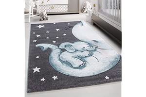 TEPPIUM Tappeto per bambini con design elefante, morbido e soffice, adatto per cameretta dei bambini, tappeto a pelo corto, facile da pulire Misurare: 120 cm Rund Colore: Blu-3
