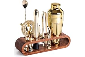Mixology & Craft Cocktail Set (10-tlg.) - Edles Cocktail Shaker Set mit Shaker aus Edelstahl und Bar Zubehör im Holzständer aus Mahagoni - Dekoratives Geschenkset - Gold