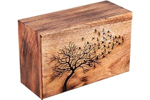 HIND HANDICRAFTS Wooden Box Funeral Cremation Urns for Human Ashes Adult Large - Burial Urns for Columbarium - Tree of Life Flying Bird (250 Cubic Inches, Antique)