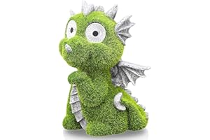 ‎TERESA'S COLLECTIONS TERESA'S COLLECTIONS Gartendeko für Draußen Niedliche Drache Gartenfigur mit Augen Solar Drachen Beflockt mit Moos Stein Dinosaurier Wetterfest Kunstharz Gartendeko 22cm