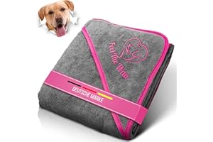 FeelTheWau Hundehandtuch große Hunde - Hundehandtuch Extra saugfähig - Für Waschmaschine und Trockner - Hunde Handtuch mit Taschen - Beliebtes Geschenk Hund - Design grau pink - 130x75cm