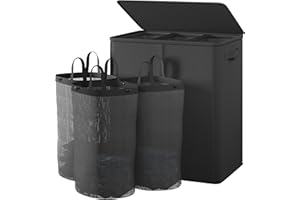 REIBII 176L Laundry Basket with Lid, Washing Basket for Laundry Collapsible Laundry Baskets with Sturdy Steel Wire & 3 Removable Bags, Laundry Hamper Large Foldable Laundry Basket 3 Compartments