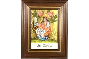 Hinterglaswerkstätten - Hinterglasbild / Patronatsbild Hl. Cäcilia mit braun gebeizten Holzrahmen, handbemalt mit Legende des Heiligen auf der Bildrückseite, ca. B: 12,5 x H: 16 cm
