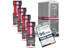 Travely® Lot de 4 sangles de valise de qualité supérieure, particulièrement attrayante et sûre, avec 2 étiquettes à bagage, sangle de bagage idéale en croix, multicolore