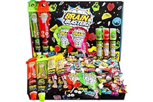 Brain Blasterz Caja Grande de Golosinas y Chuches Ácidas – 27 piezas con piruletas, golosinas duras y caramelos masticables – Halal & Vegano – Halloween, cumpleaños, Navidad y más