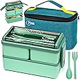 Shopping Dose Bento Box, 1400ml Stackable 2 Layer Leak Proof Bento Lunch Box with Insulated Bag & Cutlery, 3 Removable Compartment Lunch Box Adults, Kids & Office, Microwavable Lunchbox (Green)