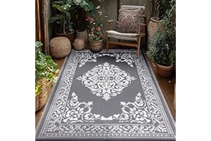 ‎TUKDAK TUKDAK Grau Outdoor Teppich Wetterfest 150x245cm, Wendbarer Outdoorteppich Matte Kunststoff Teppich, Wasserdichter Außenteppich, UV-beständige Camping Matte für Balkon Terrasse Garten RV Picknick