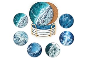 JJ PRIME - Juego de 6 Posavasos de cerámica | Posavasos absorbentes con Soporte | Posavasos para Bebidas con Base de Corcho, Posavasos de Vidrio Antideslizantes y antiarañazos (Océano)