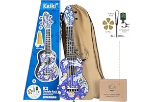 Ortega Guitars Sopran Ukulele bunt - Keiki K2 - Starterkit inklusive Tuner, Gurt, 5 Medium Plektren & Kordelzugtasche - Kauriholz - spaceman (K2-SP)