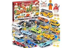 POWZOO Calendrier de l'Avent 2025, 31 Pièces avec 16 Voitures (4 Police,6 Sportives,6 Routières),14 Panneaux de Signalisation,1 Tapis de Ville,Calendriers de l'avent,Jouet Enfant Cadeau pour 1-6 Ans​