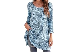 Enmain Tunique Femme 3/4 Manches Longues col Rond Blouse Longues Tunique Top pour Femmes Casual Élégant Chic Floraux Swing T Shirt