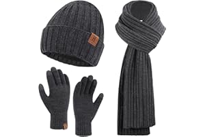 ZASFOU Ensemble Bonnet d'hiver pour Homme, Écharpe Longue, Gants Tactiles avec Bonnet Doublé Polaire Chaude, Cadeau pour Hommes