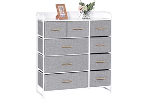 LYNCOHOME Cómoda con 9 cajones de Tela, Cómoda para Dormitorio, Unidad de Almacenamiento, Cajas organizadoras, Armario Muebles de Dormitorio, Oficina, Pasillo
