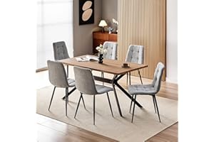 WAFTING Essgruppe Esstisch mit 6 Stühlen, 140×80×73cm HDF Esstisch mit Dunkle Holzmaserung, und Gepolsterte Grau Esszimmerstühle mit hoher Rückenlehne und Leinendesign, für Küche Esszimmer, Wohnzimmer