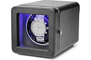 Vlando Enrollador automático para relojes de 1 reloj con motores silenciosos japoneses, enrollador de reloj cuadrado con 4 modos de rotación, luz LED y adaptador tipo C, piel de lujo con textura de