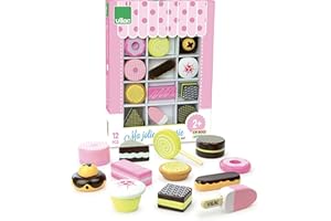 VILAC - Jouet en bois - Cuisine et marchande - Boîte 12 pâtisseries et friandises en bois, Ma jolie Pâtisserie - 8163, Bleu