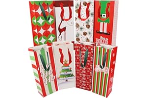 BELLE VOUS Pack de 16 Bolsas Navidad Botellas de Vino 8 Diseños Bolsas para Botellas (36 x 8 x 12 cm) Bolsa de Regalo con Asa de Cinta para Botella de Champán, Vino, Whiskey y Otras Bebidas