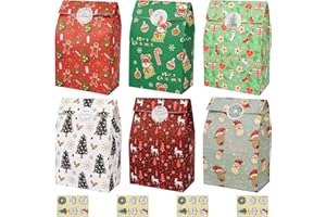 KEYIDO 24 Pezzi Sacchetti Regalo Carta Natale Buste Regalo Pacchetti Bustine Regalo Natalizie Piccole Sacchettini Natalizi per Regali Fine Festa Bambini con 24 Adesivi