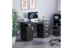 Vida Designs Otley Computer Desk with Shelves and 3 Drawers, Home Office PC/Laptop Gaming Table, Study Workstation with Keyboard Tray, Furniture, Black
