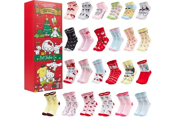 Hello Kitty Sanrio strumpor adventskalender 2025 flickor tonåringar kvinnor storlek 1-6,5, 24 st julnedräkning, Kuromi Cinnamoroll pompurin, gåvor till henne