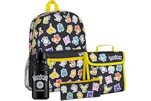 Pokémon Mochila Escolar Set Mochilas Escolares 4 Piezas con Botella de Agua Bolsa Almuerzo Estuche Infantil o Cartera Anime Material Escolar (Negro/Multi Set 4 Pzs)