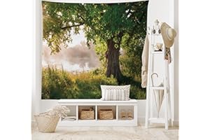 ABAKUHAUS Baum Wandteppich, Stream Mystic Foggy Szene aus Weiches Mikrofaser Stoff Waschbar ohne Verblassen Digitaldruck, 150 x 110 cm, Braun Grün Staub