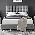 Yaheetech King Bed Frame Upholstered Platform Bed with Adjustable Square Tufted Headboard/Linen Fabric/Sturdy Wooden Slat Support/No Box Spring Needed, 5ft King Bed Light Grey