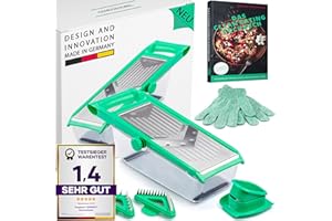 freegreen® GERMANY Obst- & Gemüsehobel aus Edelstahl mit V-Klinge & Auffangbehälter I Inklusive Gemüsehalter für perfekte Obst- & Gemüsescheiben sowie Juliennestreifen