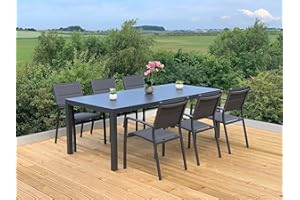 Garden Store Direct GSD Sydney Aluminium Dining Sets w/Textured Glass Table Tops, Paded Weatherproof Textilene Stacking Chairs (Sydney 6 Seat Rectangular Dining Set)