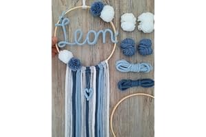 LIDAM Wanddeko-Kinderzimmer - wunderschönes Bastelset mit Namen (blau) - Traumfänger-Kinder, Türschild aus Bambusholz, Strickschlauch mit Draht +Bilderanleitung