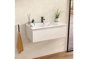 BELLOBATH - Mueble Baño Suspendido con Lavabo de Cerámica, Mueble Baño con Lavabo Montado con 1 Cajón, 60 x 27 x 46 cm, Mueble Blanco