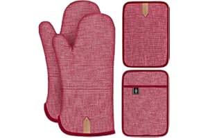 ‎BONTHEE BONTHEE Topflappen Set Ofenhandschuhe Hitzebeständige Topfhandschuhe mit Anti-Rutsch Silikon Gestreift kochhandschuhe für Kochen Backen - 4er Set - Rot