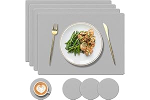 YUNJUER 4 Silicone Tablemats + 4 Coasters, Heat Resistant 450 °F, Washable and Waterproof Placemat, Easy to Clean, Place Mats for Kitchen, Restaurant, Hotel, Dining Room, Light Grey