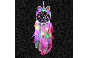 SoulQool Unicorn Dream Catcher with Lights,Colorful Feather Handmade Dream Catchers Flowers for Girls Kids Nursery Bedroom Wall Hanging Decor (Pink with colorful lights)