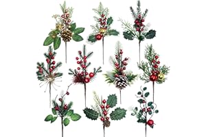 ‎TINA TINA 10 Stück Künstliche Tannenzweige wie Echt mit Tannenzapfen und Rote Beeren Deko Weihnachten Zweige Adventskranz Tannengrün, Kiefernzweige Weihnachtszweige Weihnachtsdeko für DIY Weihnachtskranz