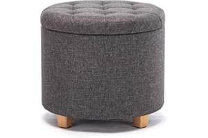 HNNHOME 45cm Round Linen Padded Seat Ottoman Storage Stool Box, Footstool Pouffes Chair with Lids (Charcoal)