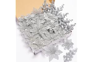 Xmastell 22 Stück Weihnachten Künstliche Blumen, Glitzer baumschmuck Weihnachten, Weihnachtsbaum Blumen Ornamente und Weihnachtsbaum Picker für weihnachtsdeko außen und deko innen Silber