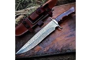 BIGCAT ROAR 14″ Ręcznie wykonany nóż myśliwski z damasceńskiej stali z skórzanym etui - Idealny do siekania, kempingów - Nóż ze stałym ostrzem do bushcraftu z rękojeścią z orzecha - Patriot