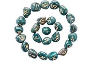 Crocon Green Blood Stone Engraved Gemstone Rune Stones Set (25 PCS) with Elder Futhark Alphabets Rune for Beginners Wicca Rune Stones Viking Runes Pagan And Witchcraft Supplies Size: 15-25 mm