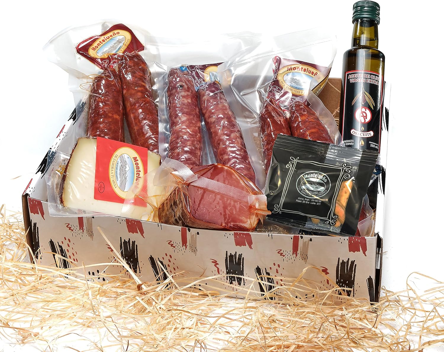 MONTELUEÑO | Cesta Gourmet - Surtido de embutidos naturales con Salchichón, Chorizo, Lomo, Queso, Aceite de Oliva Virgen Extra, Picos. Ideal para picoteo, regalo, cesta navidad (Gourmet)